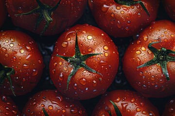 Wall Mural -   A tight shot of multiple tomatoes, each with water beads at their tops and bases