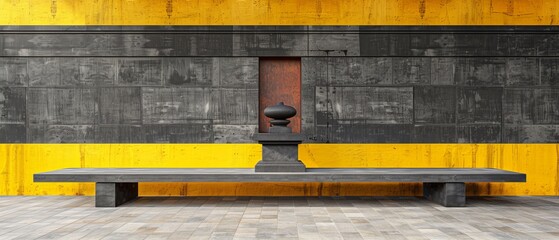 Wall Mural -   A concrete bench faces a yellow and black wall with a door centrally located