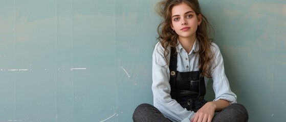 Wall Mural -   A young woman sits before a blue wall, donning a white shirt and black overalls