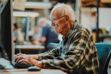 Poster -   An older man at a desk, computer in focus, people working on computers nearby