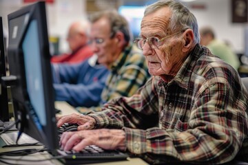 Poster -   An old man uses a computer atop his desk; another man sits before his own computer nearby