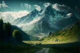 Fototapeta Natura - AI-generated illustration of mountain landscapes under a cloudy sky