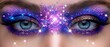   A tight shot of a woman's face with expressive blue eyes adorned with purple and pink glitter