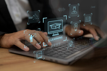 Wall Mural - human with technology internet learning and study online class webinar technology, e-learning, onlin