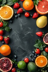 Wall Mural - Top view with a mixture of fruits and berries on a black background. Fruit banner, copy space