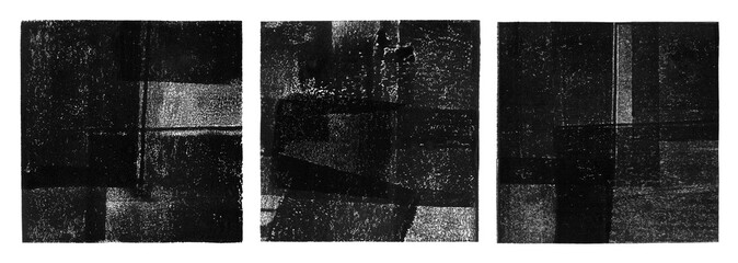 Linocut, relief printing, letterpress square shape rough textures set. Black and white artistic linocutting textured backgrounds, text frames. Paint roller stains, lino ink overlayed grungy remains.