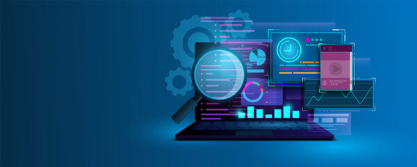Wall Mural - laptop technology background picture ideas for searching for information in investment, business, an