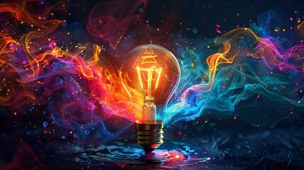 Wall Mural - Vibrant light bulb surrounded by swirling colorful energy
