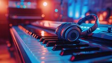 Headphones On Piano Keys With A Blurred, Luminous Background. Background Of Musical Instruments.