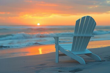 Wall Mural - Serene Beach Sunrise with Empty White Adirondack Chair on Sandy Shoreline, Warm Golden Sky Reflection on Sea Waters