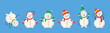 Snowman collection for Christmas and winter. Cheerful snowmen in different costumes. Set of characters cartoon in flat design. Vector illustration