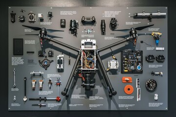 Wall Mural - Various components of a remote controlled helicopter arranged for showcase on a wall-mounted display case