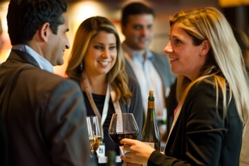 Wall Mural - A group of individuals standing together, each holding a wine glass in hand at a networking event