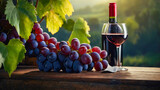 Fototapeta  - Bottle of red wine and grapes in basket on wooden table in vineyard