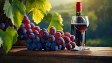 Bottle Of Red Wine And Grapes In Basket On Wooden Table In Vineyard