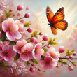 bright colorful flowers in pink and blue tones and butterfly wth gold tint