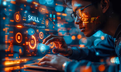 Professional worker updates skillset and knowledge by online resources, Skill text and icons displayed on a laptop, signifying continuous learning and career development in the digital age