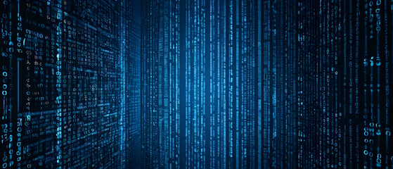 binary code matrix. digital data stream. cyber technology. elegant blue coding panorama background