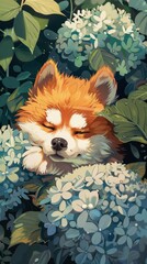 Wall Mural - A painting of a dog in a bush of flowers