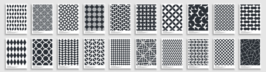 Collection of abstract geometric covers, templates, placards, brochures, banners, backgrounds. Monochrome textured modern posters, cards, catalogs. Black and white graphic trendy minimal prints