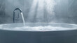 Water flows from the tap into the bath. Water pours from the faucet into the bath tub with steam. Grey background. Space for text.