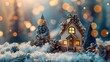 Adorned with snow-kissed rooftops, a captivating miniature village scene glows with warm lights from windows, nestled among festive pine cones, enchanting all who behold it.