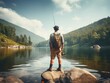 A man is fishing. Fisherman standing with his back to the camera on the background of the lake, beautiful landscape river and mountains