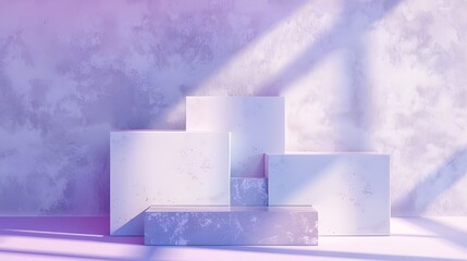 Wall Mural - Abstract lavender 3D room with set of realistic purple, white cylinder pedestal podium. Minimal scene for product display presentation. Geometric forms design.