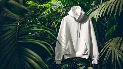 a white sweatshirt in front of a green plant