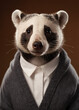 Badger face, wearing in a cardigan and shirt for a photo shoot on a chestnut, gray plain background, in an ultra-detailed style.