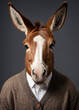 donkey face, wearing in a cardigan and shirt for a photo shoot on a chestnut, gray plain background, in an ultra-detailed style.