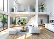 Beautiful modern living room with white walls, wood floors and double height ceiling in a new luxury home interior design with an open concept and high nook ceiling to floor windows