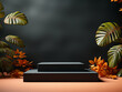 Sleek black podium surrounded by vibrant leaves, bright daylight, minimalist design, wide angle, serene