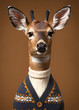 deer face, wearing in a cardigan and shirt for a photo shoot on a chestnut, gray plain background, in an ultra-detailed style.