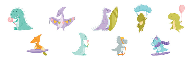 Sticker - Cute Comic Dinosaur Do Different Activity Vector Set