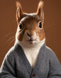 squirrel face, wearing in a cardigan and shirt for a photo shoot on a chestnut, gray plain background, in an ultra-detailed style.