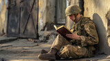 Fototapeta Big Ben - Soldado sentado na rua lendo a bíblia 