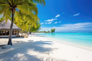 Beautiful tropical beach  with few palm trees and blue lagoon Amazing white beaches of Mauritius island, AI generated