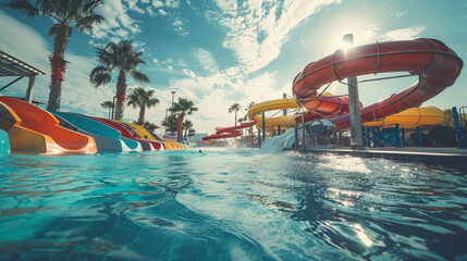 Wall Mural - pool in water park , full of colorful slider , palm tree on the park ,sunny day