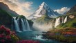 Fantastic summer landscape with waterfall and flowers with snowcapped mountains.