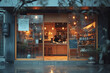 Inviting coffee shop entrance with natural wood design and warm ambient lights reflecting on glass door