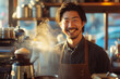 Laughing Asian male barista in leather apron amidst coffee shop steam, radiating warmth