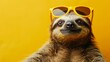 A sloth wearing sunglasses poses on a yellow background. Generative AI