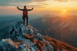 A businessman triumphantly raises his arms in victory as he reaches the summit of a mountain, symbolizing the attainment of ambitious business goals through perseverance and determination