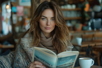 A successful businesswoman enjoys a moment of relaxation in a cozy coffee shop, sipping a latte while reading a motivational book, demonstrating the importance of finding balance in both work and life