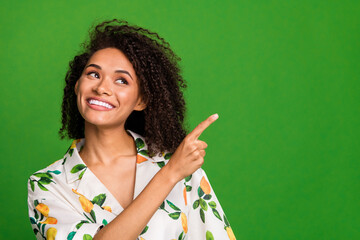 Sticker - Photo of lady promoter pointing finger empty space repost adverts isolated over bright color background