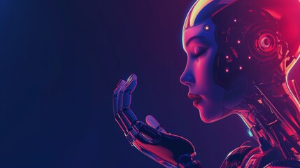 Canvas Print - Robot woman holding robotic arm in her palm as part of a concept of Industry 4.0, which uses artificial intelligence for the automation of production in a smart factory.