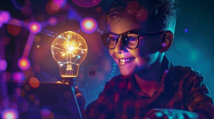 Aufkleber - A smiling clever boy with an idea symbol bulb programs on a laptop in computer programming language scratch. Children learn how to develop apps for computers and mobile phones.