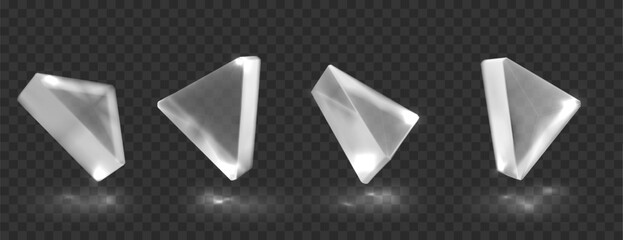Wall Mural - Glass or crystal triangle in different angle view. Geometric shape with reflection, isolated glossy object. Realistic 3D Illustration