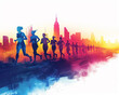 illustration of Marathon runners at sunrise, iconic cityscape, symbolizing endurance and community spirit.